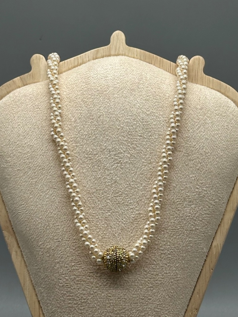 Vintage Faux Pearl Triple Strand Rhinestone Magnetic Clasp Choker Necklace 17.5"